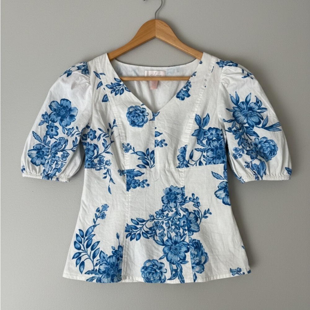 Rachel Parcell Blue & White Prairie Floral Puff Sleeve V-Neck Blouse - Small